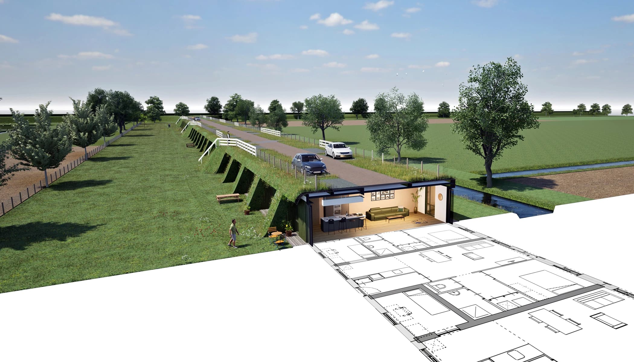 Subtiele woningbouw in polderlandschap